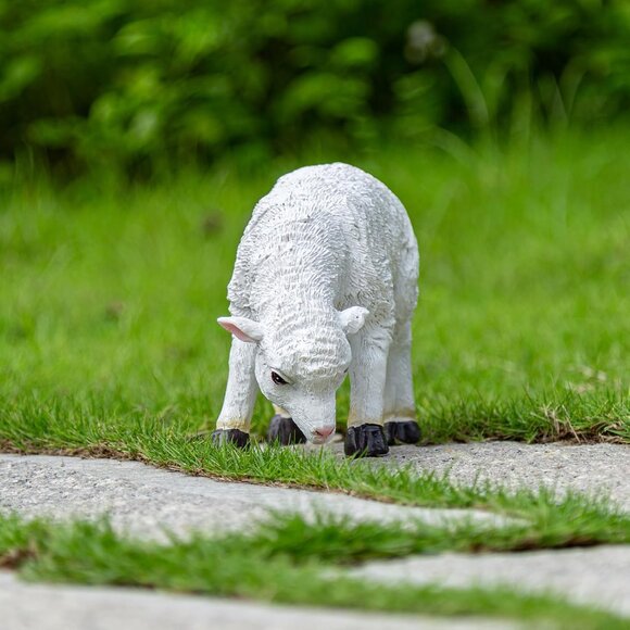 White Resin Grass-eating Lamb Figurine Statue Decorative Animal Sculpture - Picture 3 of 6
